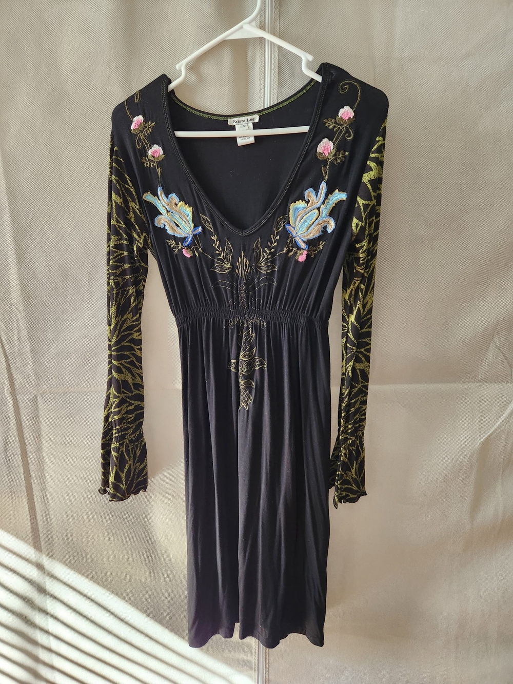 Krista Lee Black Long Sleeve V-Neck Dress with Blue & Pink Floral Embroidery